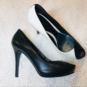 Alexander McQueen black and white peep toe heels
